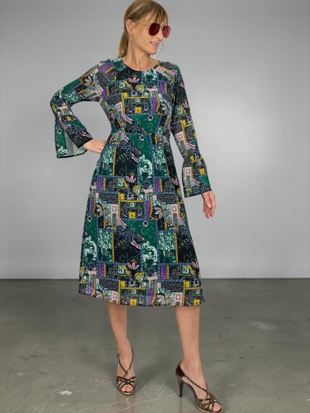 Yumi Patchwork Midi Dress 6 Green Floral Long Sleeve A-Line
